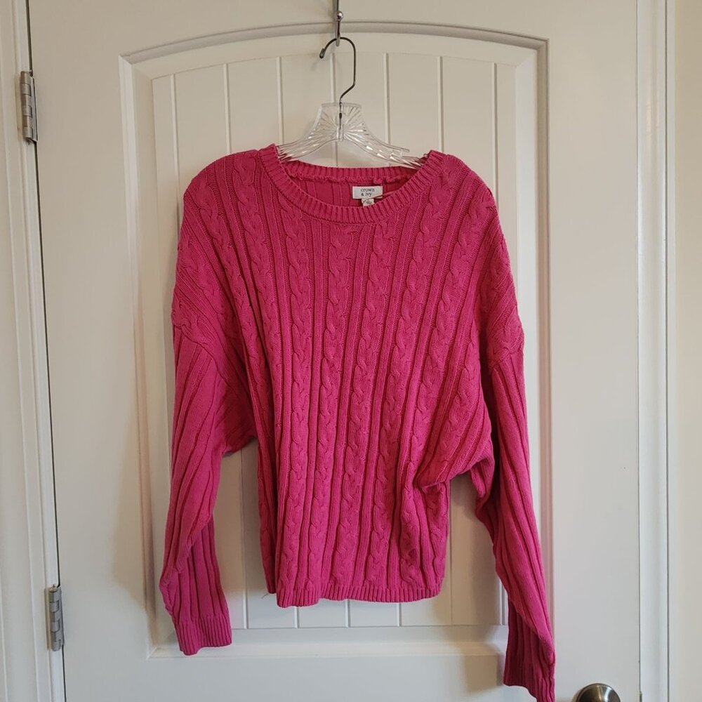 Crown & Ivy L Cable Knit Hot Pink Sweater Womens Pullover Cotton Blend